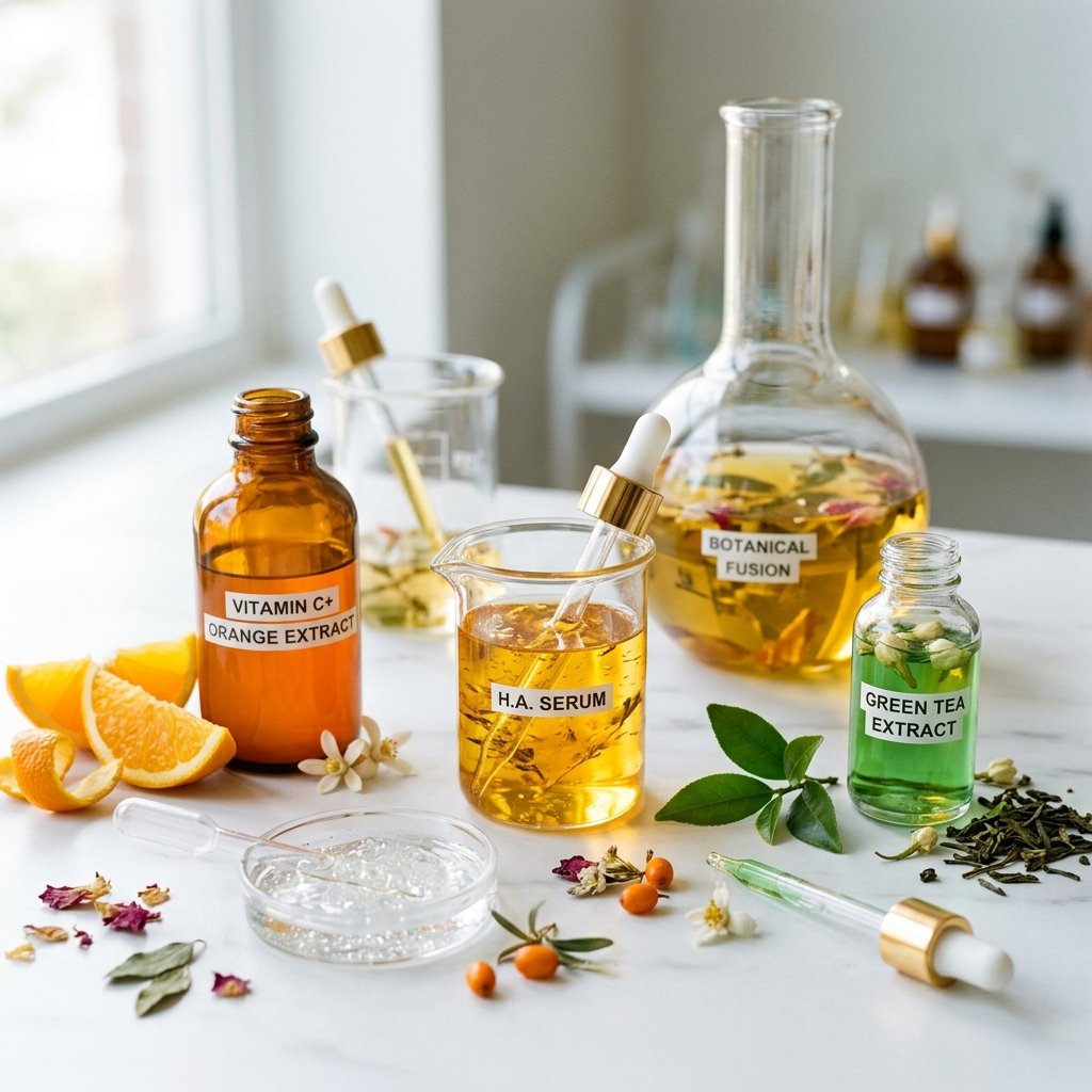 Best skincare ingredients of 2026 — scientific beauty concept with serums and botanicals